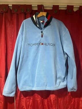 Tommy Hilfiger Sky Blue Quarter-Zip Fleece Pullover with Flag Trim